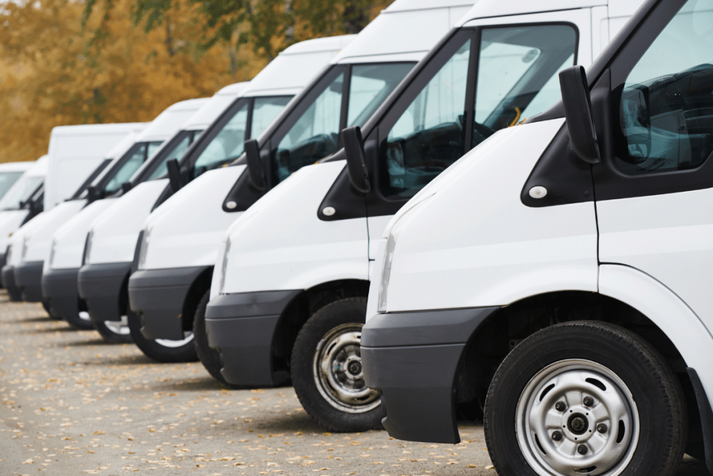 A line of Ford Transit custom diesel vans using Varsynth 5w30 FD engine oil supplied by Midland Oil Group