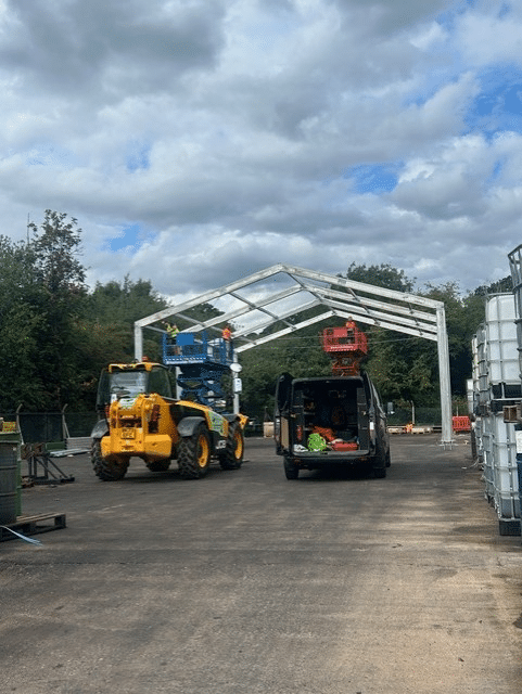 Herchenbach-designed 1,500sqft warehouse being constructed in Germany for Midland Oil Group Halesowen, prior to shipping for rapid installation.