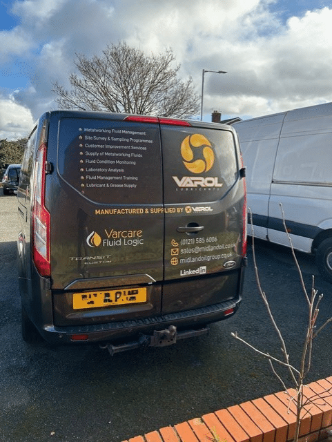 back of Varol Lubricants delivery van from Midland Oil Group, Birmingham's leading oil manufacturer and lubricant supplier.